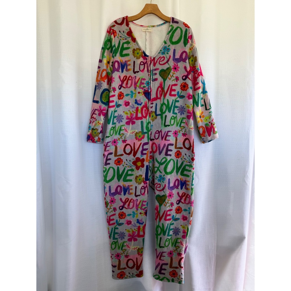 Natural Life Women Love Graffiti Floral Fleece Jumpsuit One Piece Pajamas Small